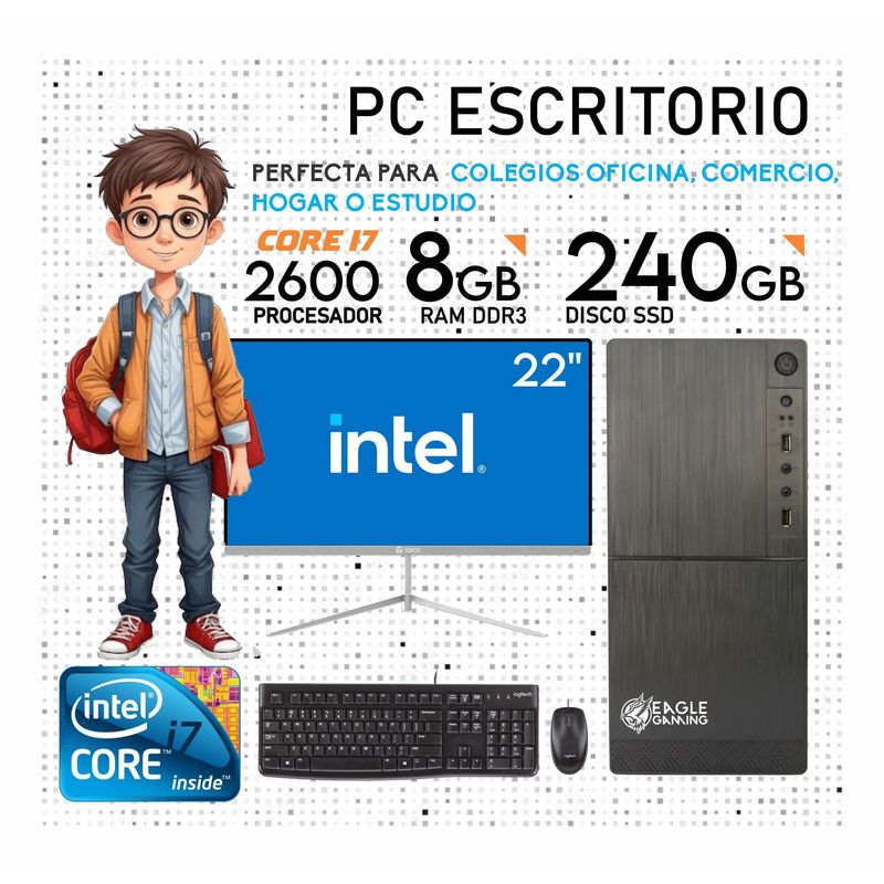 INTEL - Computadora PC Intel Core i7 2DA GEN RAM 8GB SSD 240GB Monitor 22 FHD