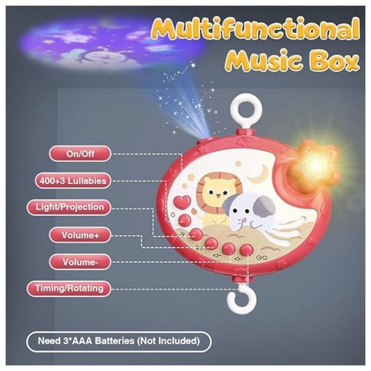 GENERICO - Móvil Musical Proyector para Bebé Control Integrado en el Proyector - Rosado