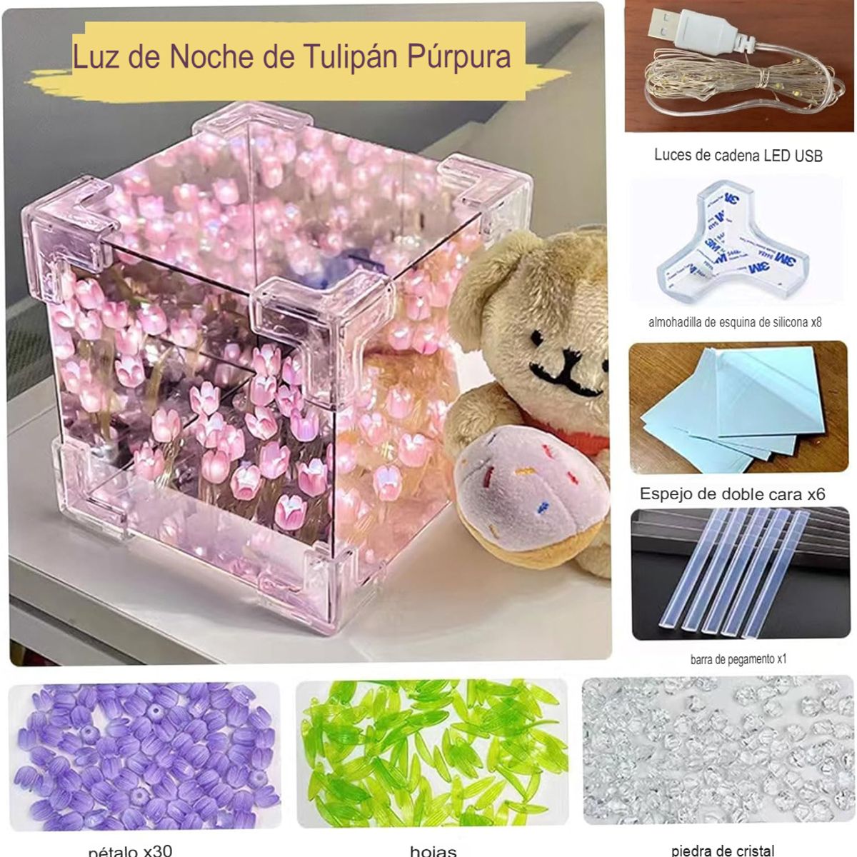 GENERICO - LÁMPARA FORMA DE CUBO TULIPANES EFECTO INFINITO PARA ARMAR SALIDA USB