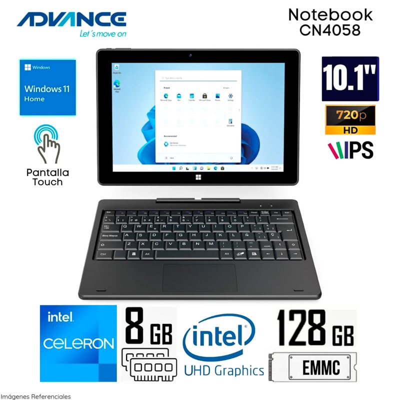 ADVANCE - NoteBook 2en1 Advance CN4058, Celeron N4020, 8GB RAM, 128GB SSD, 10 1 Pantalla touch