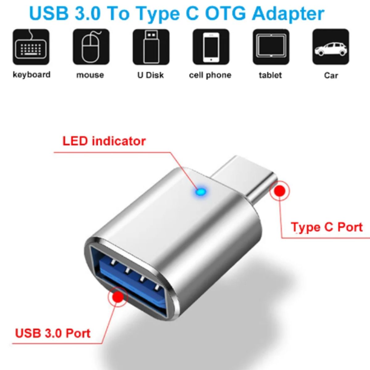GENERICO - Adaptador LED USB 3,0 a tipo C, adaptador OTG a USB C