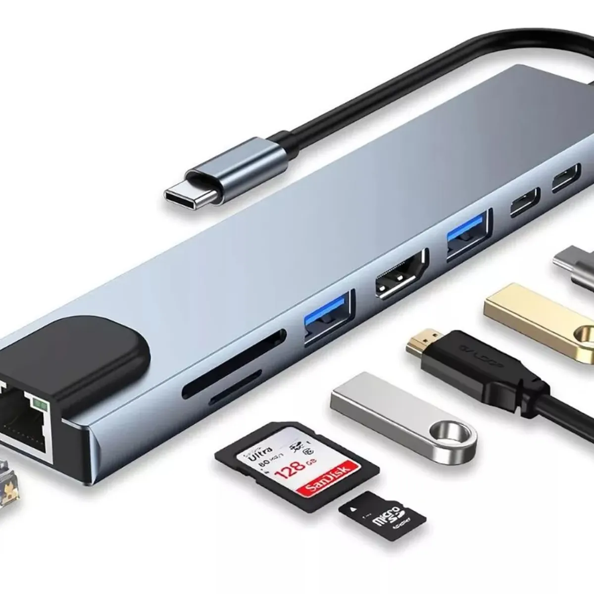 OEM - Hub Usb Tipo C 8 En 1 Lan Hdmi Usb 3.0 Sd Tf Laptop Celular