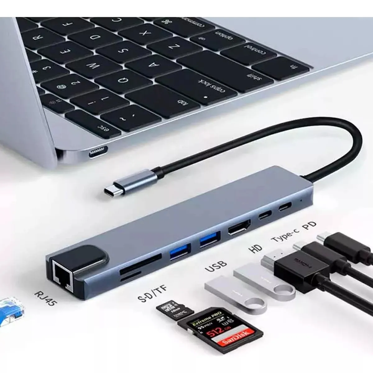 OEM - Hub Usb Tipo C 8 En 1 Lan Hdmi Usb 3.0 Sd Tf Laptop Celular