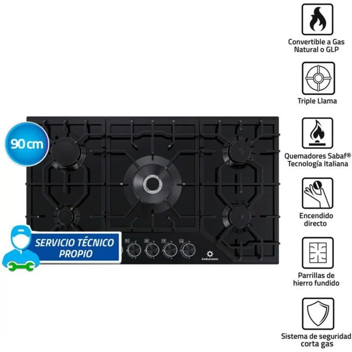 INDURAMA - ENCIMERA INDURAMA 5 QUEMADORES A GAS EGASI-905CGNE NEGRO