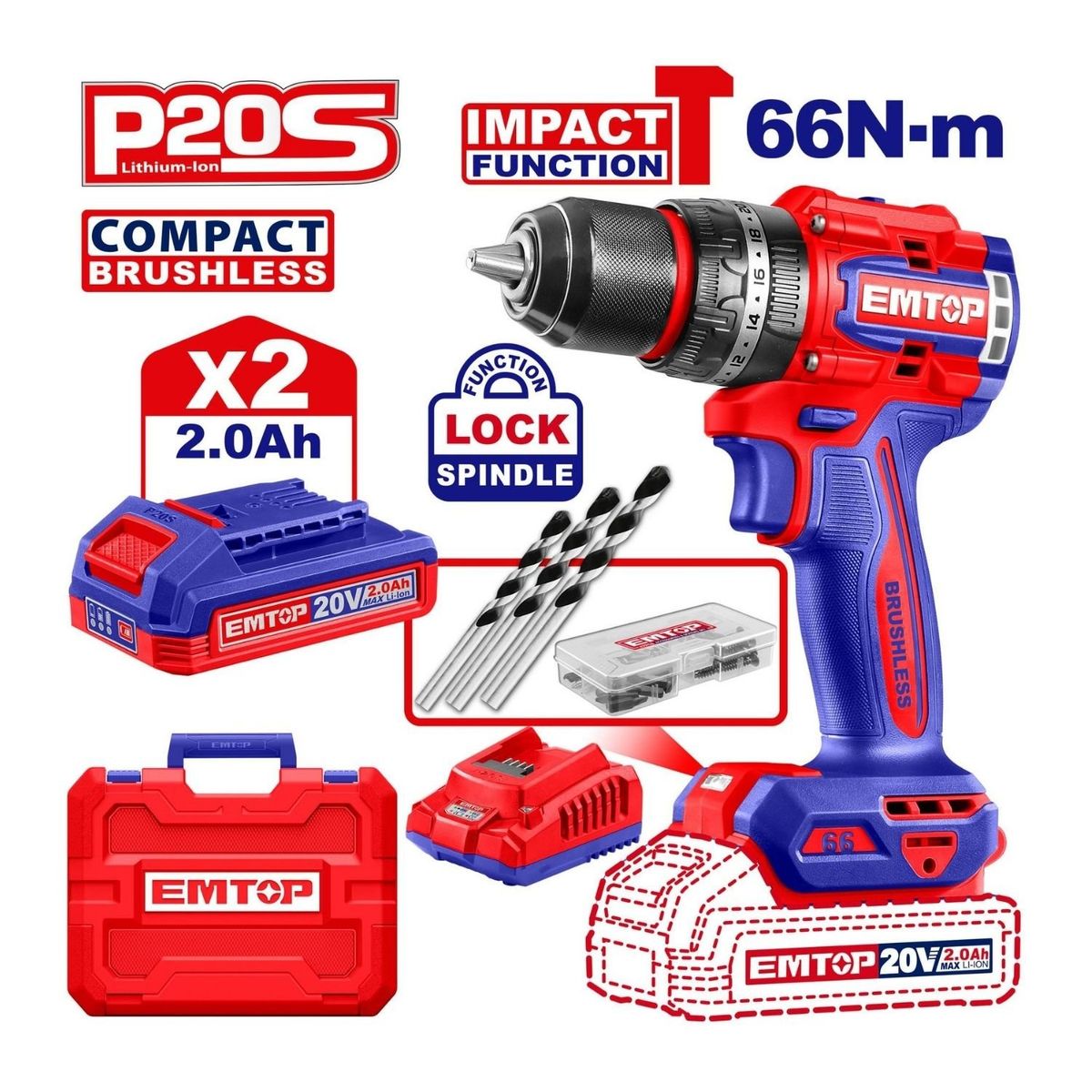 EMTOP - Taladro percutor ½ 66nm chuck metalico industrial Emtop