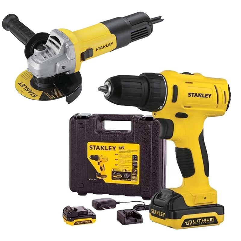 STANLEY - Taladro Atornillador 3/8" 12V 2 Bat + Amoladora 4 1/2" 750W Stanley SCD121S2K-K4