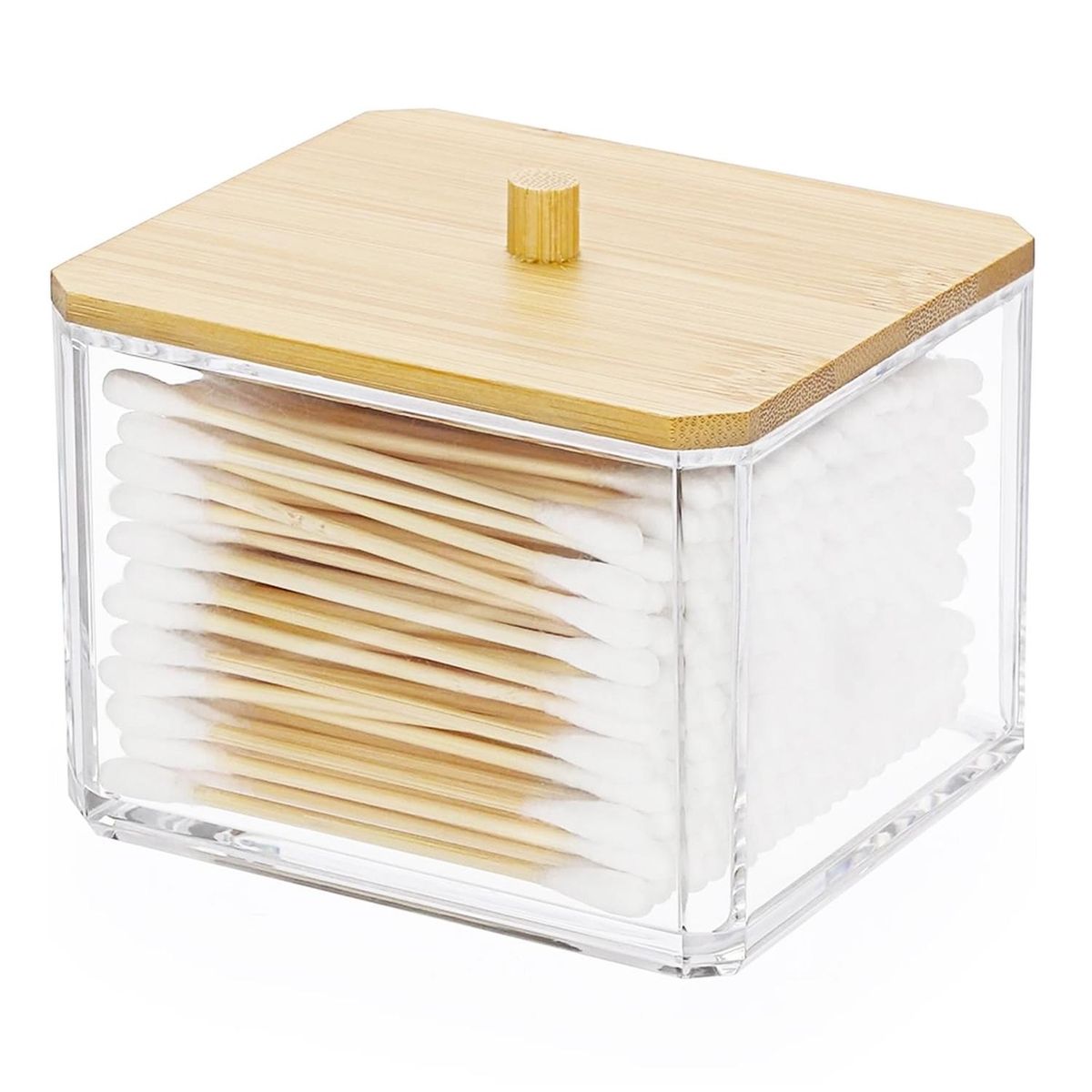 MINARI - Organizador Acrílico Dispensador de Hisopos Tapa de Madera A172