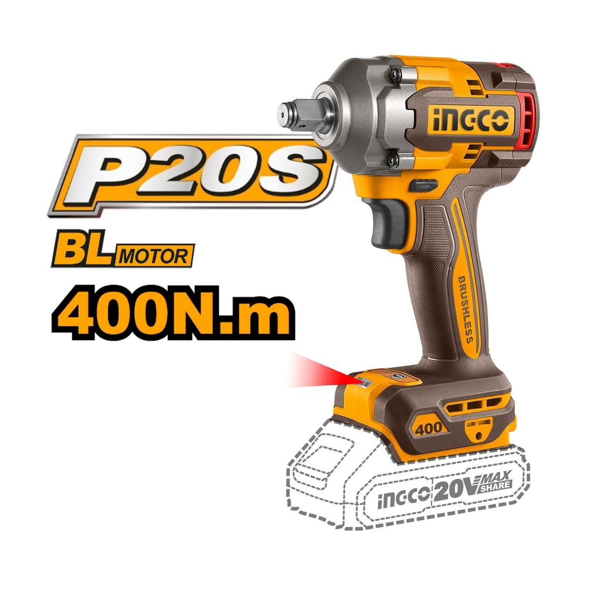 INGCO TOOLS - Llave de impacto 400nm + lampara y dados Ingco