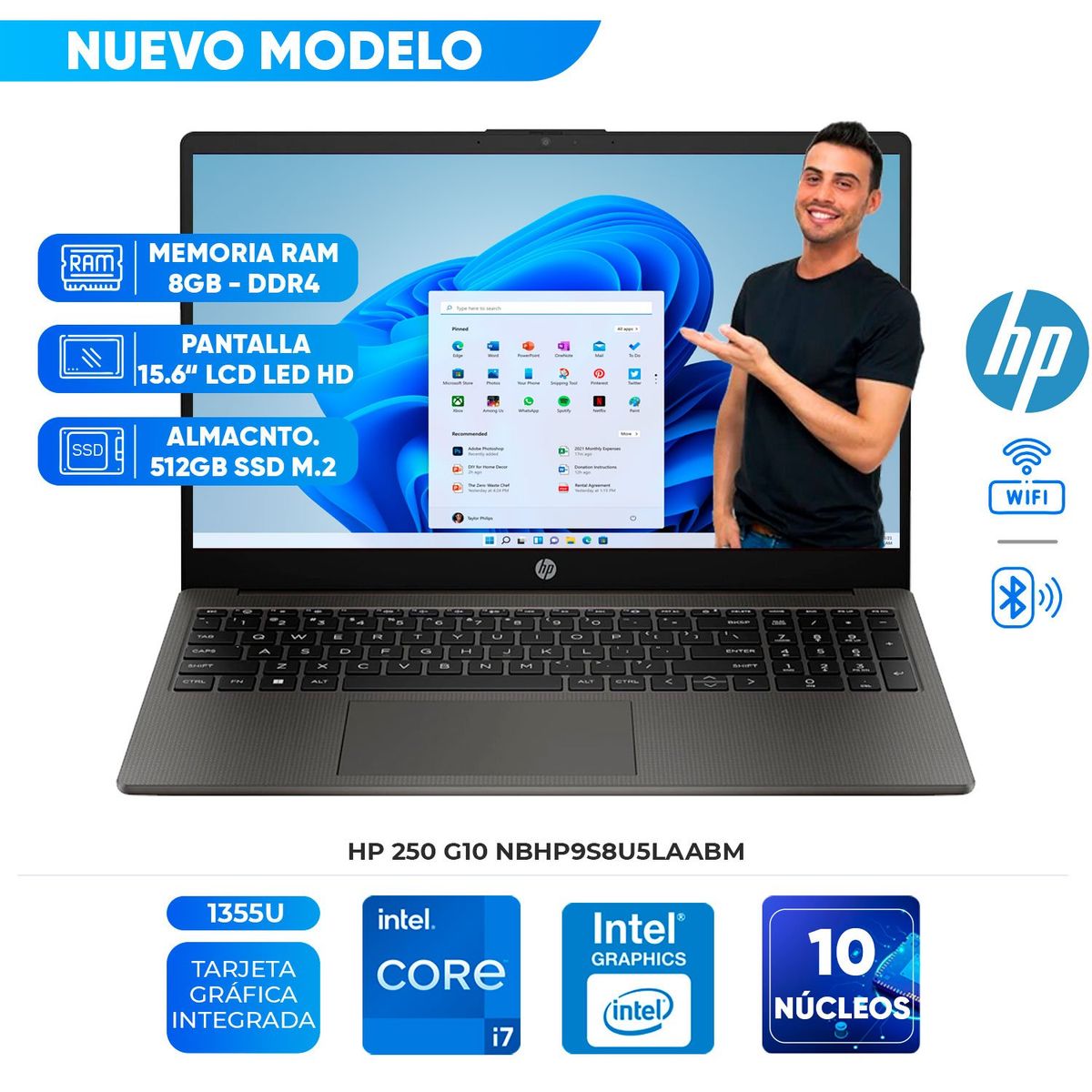 HP - Laptop HP 250 G10, Intel Core i7 1355U, 8GB DDR4, 512GB SSD, 15.6" LCD LED SVA HD