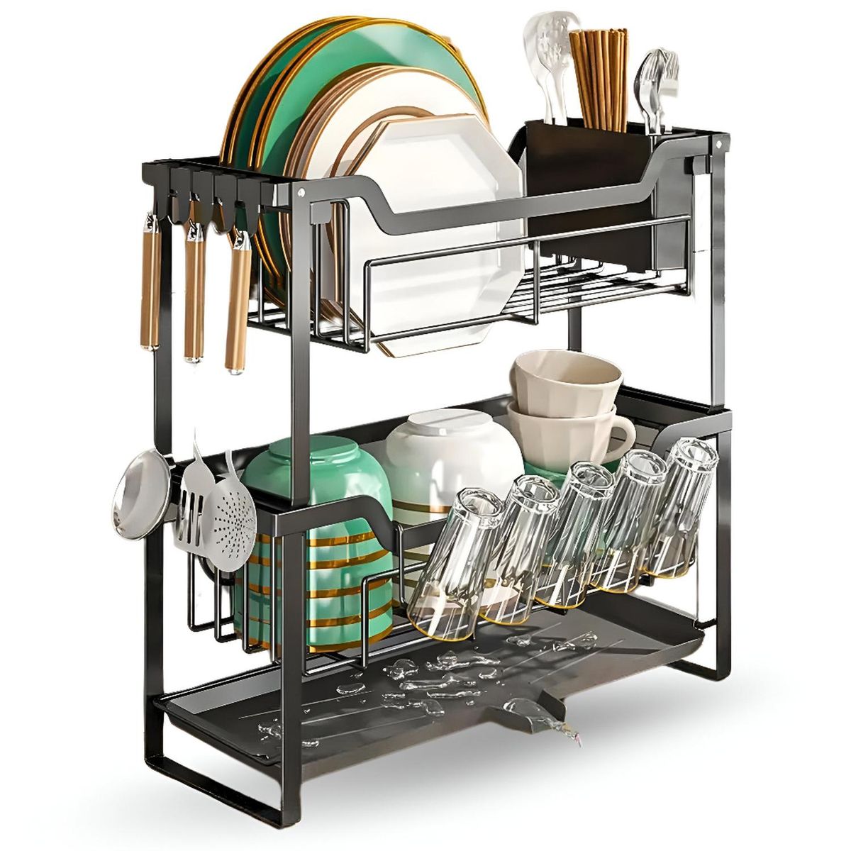 MINARI - Escurridor de Platos Vasos Elegante y Moderno 2 Niveles L95 -Negro