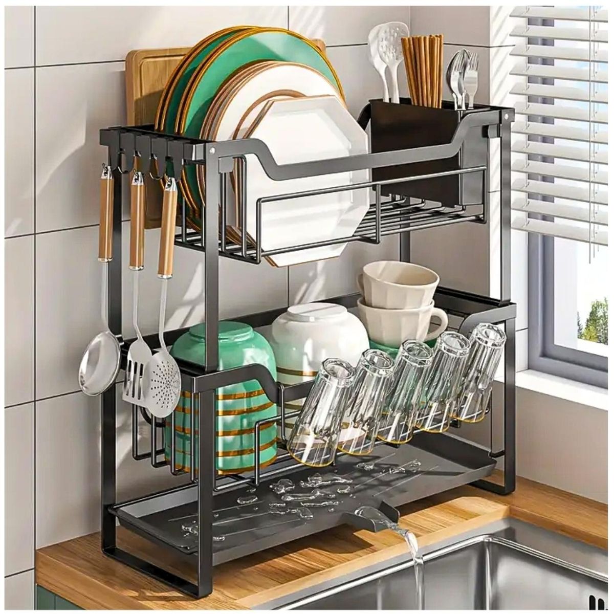 MINARI - Escurridor de Platos Vasos Elegante y Moderno 2 Niveles L95 -Negro