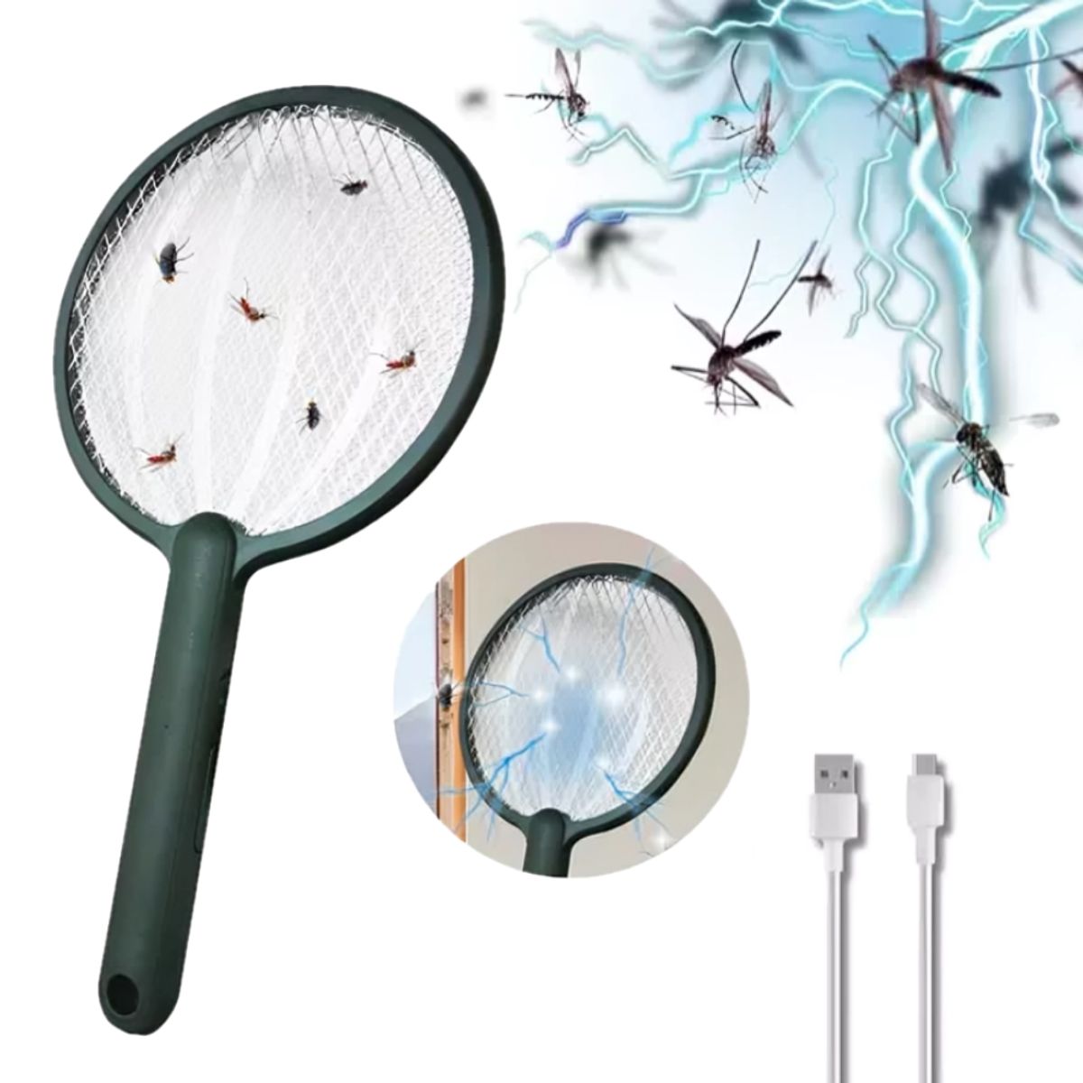 GENERICO - Raqueta eléctrica matamoscas 180º con luz 46 x 23 cm