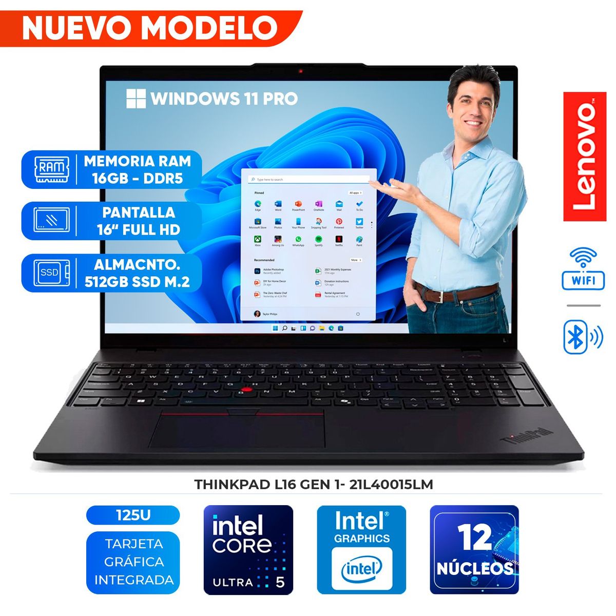 LENOVO - Laptop LENOVO Thinkpad L16 Gen 1, Core Ultra 5 125U, 16GB DDR5, 512GB SSD, 16" WUXGA IPS