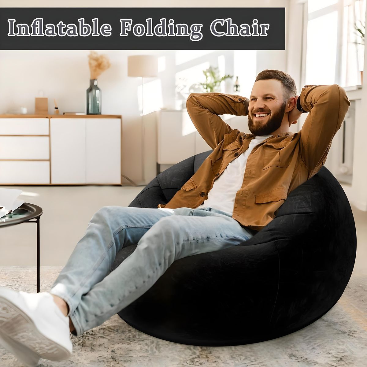 GENERICO - PUFF SILLÓN SOFÁ CAMA INFLABLE TERRAZA NEGRO 110X110X85