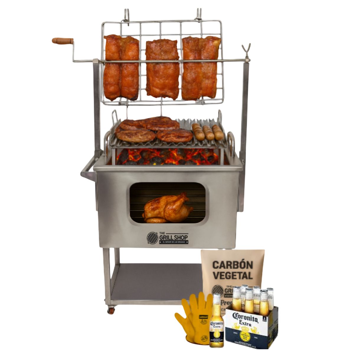 THE GRILL SHOP - Caja China Mediana 3 en 1 con Visor +Cerveza+Carbon+Guantes