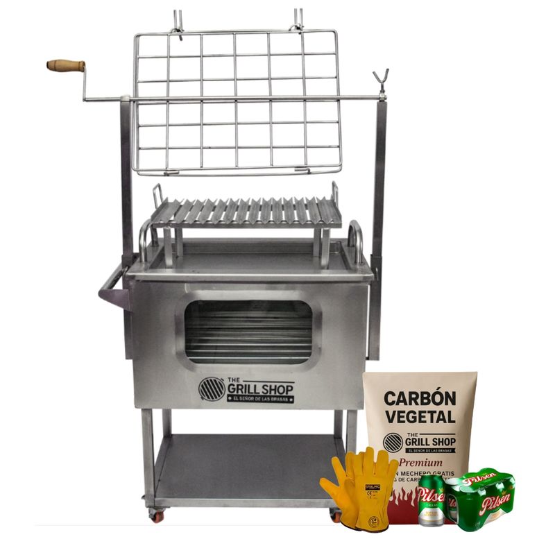THE GRILL SHOP - Caja China Mediana 3 en 1 con Visor +Cerveza+Carbon+Guantes