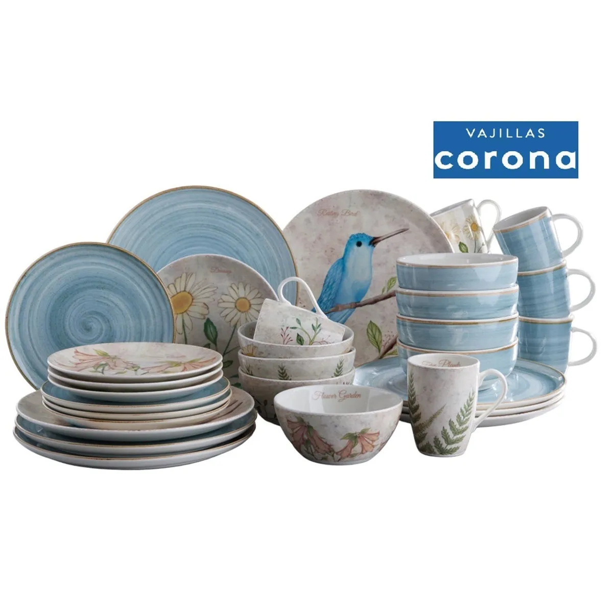 CORONA - Juego de Vajilla Lovely Caoba Azul 32 Piezas - 8 puestos - Corona