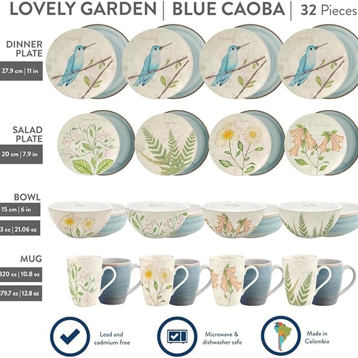 CORONA - Juego de Vajilla Lovely Caoba Azul 32 Piezas - 8 puestos - Corona