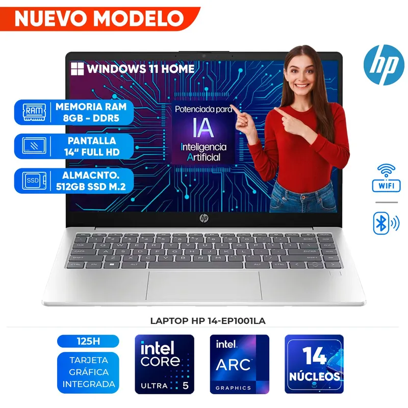 HP - Laptop HP 14-ep1001la, Core Ultra 5 125H, 8GB DDR5,  512GB SSD, 14" FHD IPS