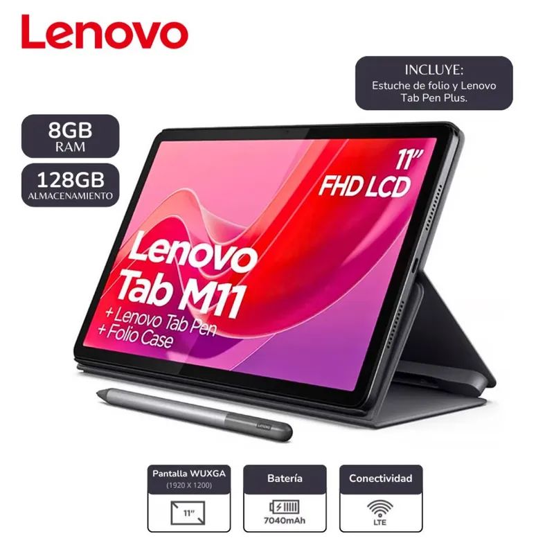 LENOVO - Tablet Lenovo Tab M11 11” 4G LTE 8GB 128GB Lapiz y Funda TB330XU