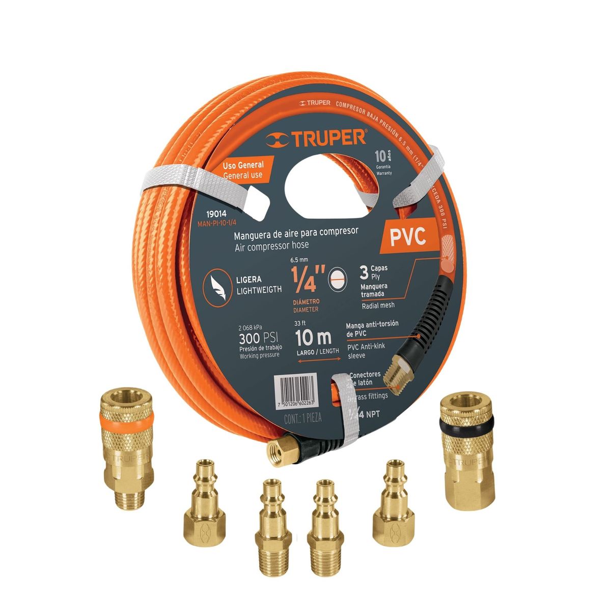 TRUPER - Manguera para comprensora + 4 conectores + 2 coples de latón Truper