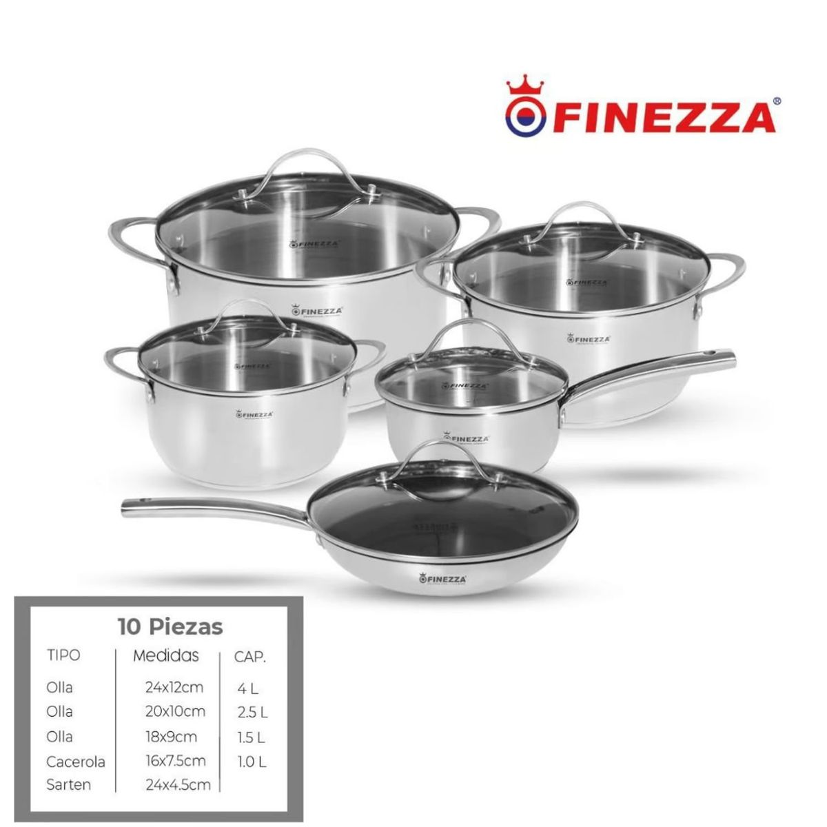 FINEZZA - JUEGO DE OLLAS ACERO INOXIDABLE 10 Pzas FINEZZA