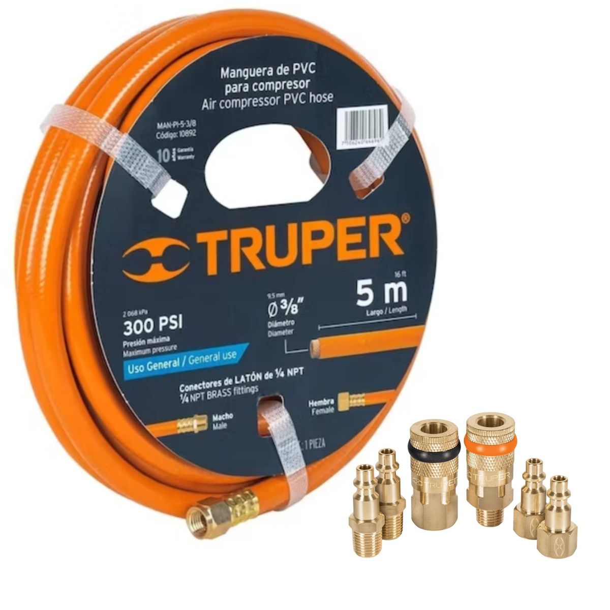 TRUPER - Manguera 5m para compresor +  4 conectores + 2 coples de latón Truper