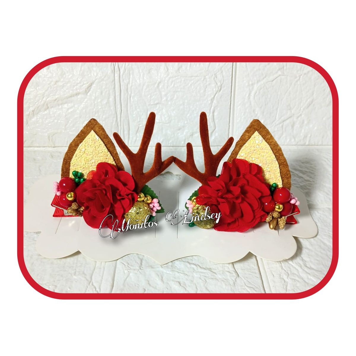 GENERICO - Navidad Ganchitos  Cuernitos para Niña - Rojo - Moñitos Lindsey