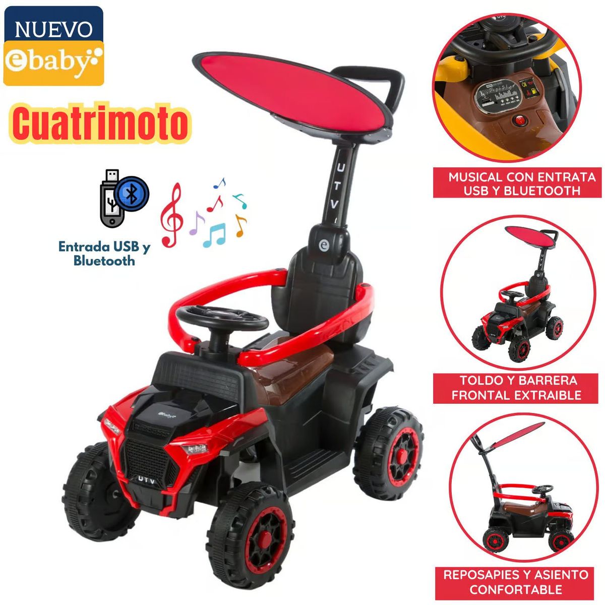 EBABY - Cuatrimoto Musical con Luces y Sombrilla EB351 Rojo