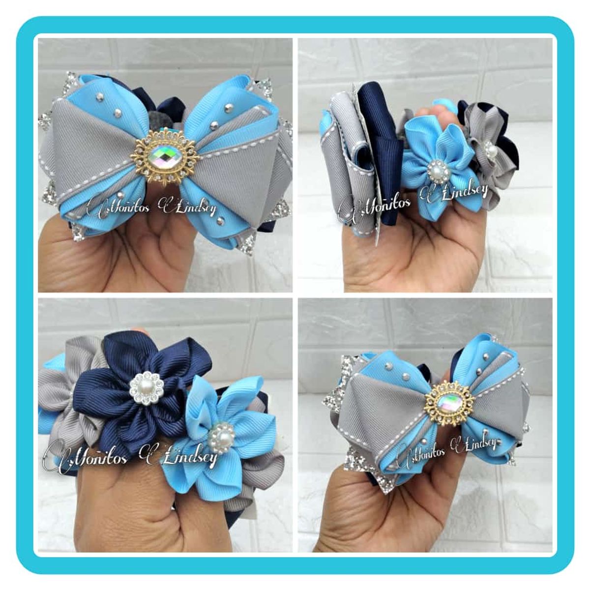 GENERICO - Moñera Escolar Celeste Plomo y Azul Noche  - Moñitos Lindsey