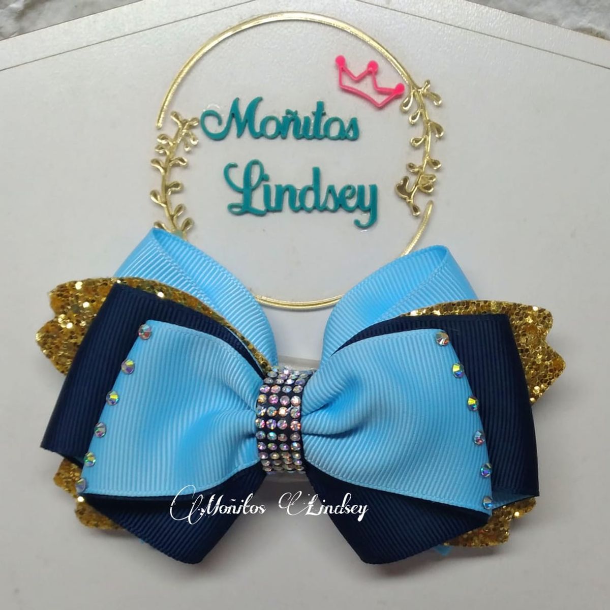 GENERICO - Lazo Escolar para Cabello Niña  Celeste y Azul Noche - Moñitos Lindsey