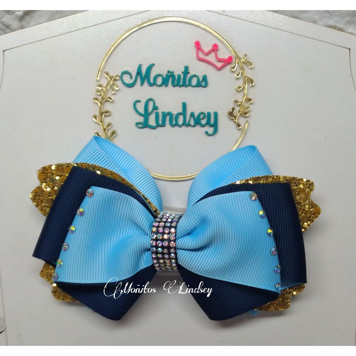 GENERICO - Lazo Escolar para Cabello Niña  Celeste y Azul Noche - Moñitos Lindsey