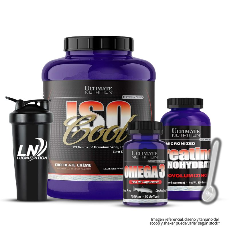 ULTIMATE NUTRITION - Iso Cool 5 LB Chocolate crema + Creatina Ultimate Nutrition 300 g + omega 3 ultimate 90 cap + shaker