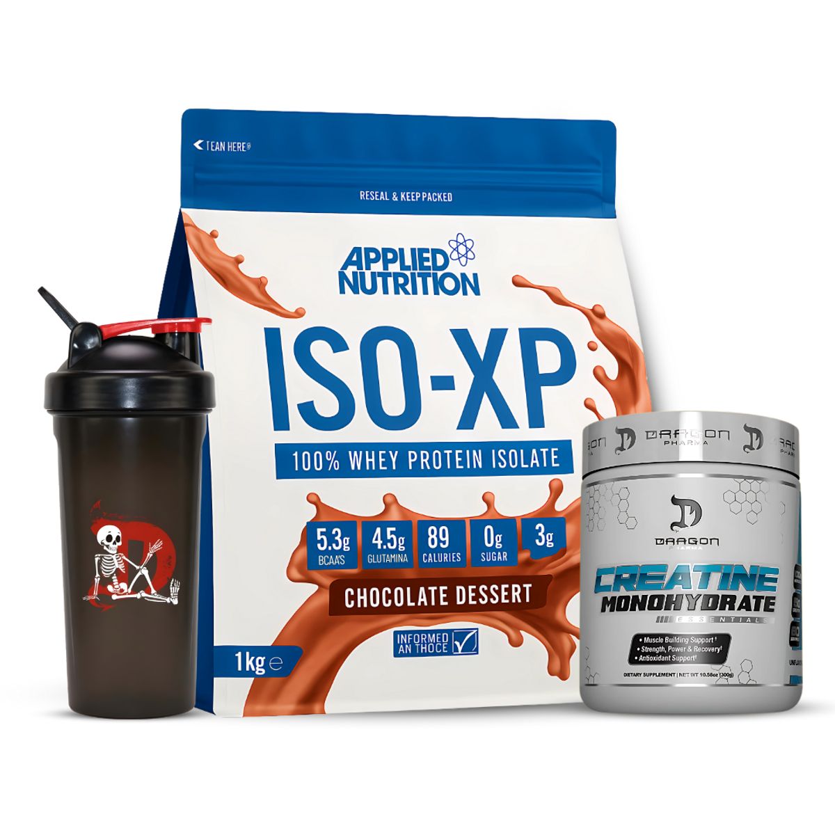 APPLIED NUTRITION - Iso XP 1 KG Proteina Isolatada - Chocolate Dessert + Creatina Dragon Pharma 300 g + Shaker tu marido moises