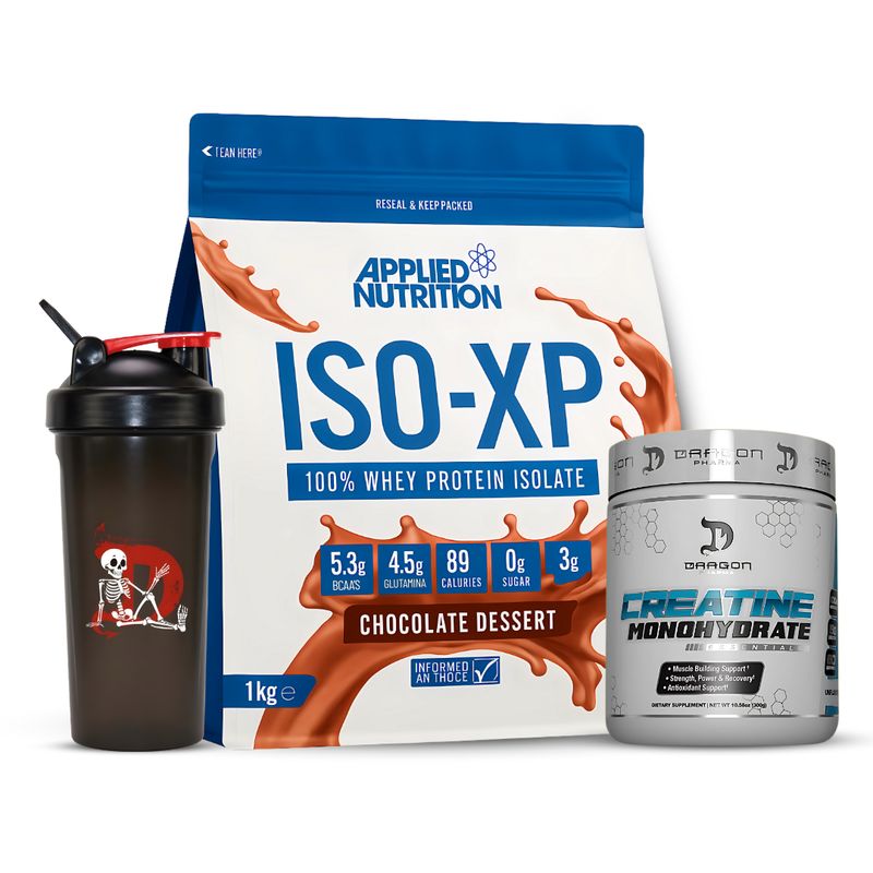 APPLIED NUTRITION - Iso XP 1 KG Proteina Isolatada - Chocolate Dessert + Creatina Dragon Pharma 300 g + Shaker tu marido moises