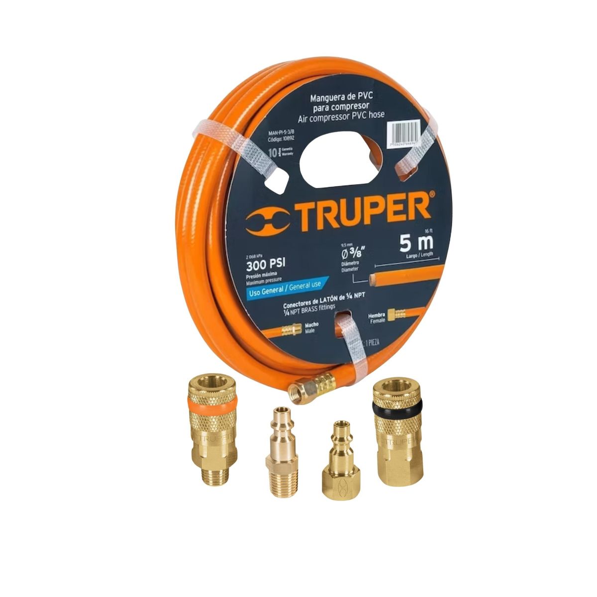 TRUPER - Manguera de aire 5m + 2 conectores rápidos + 2 coples Truper
