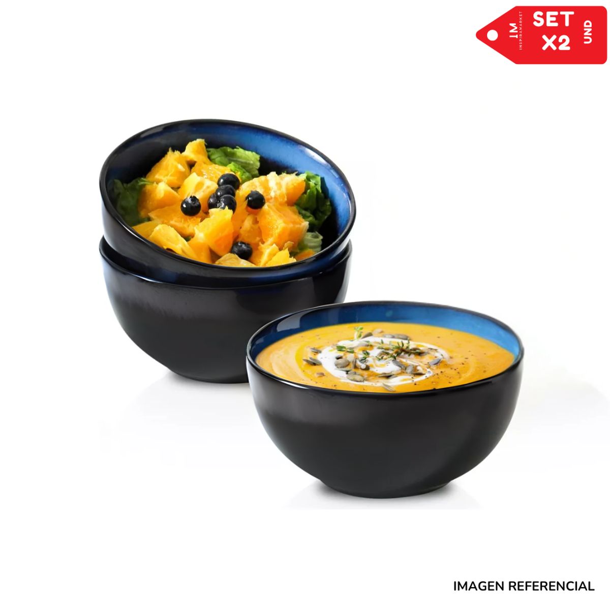 INSPIRA MARKET - Bowls Circular de Loza Azul con Negro Set x2
