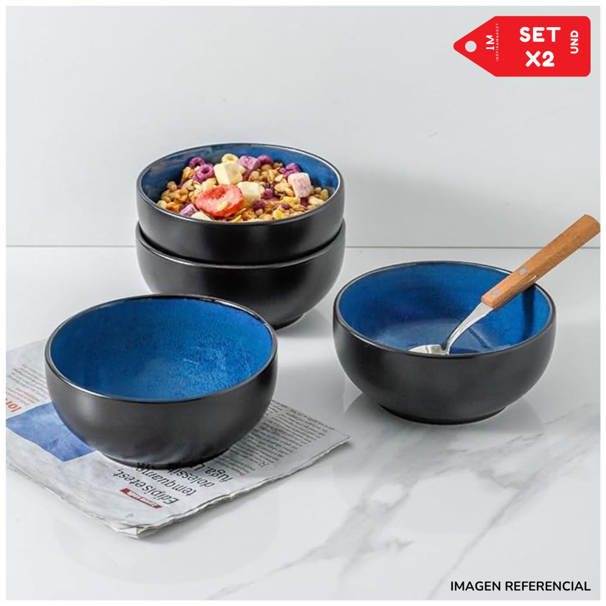 INSPIRA MARKET - Bowls Circular de Loza Azul con Negro Set x2