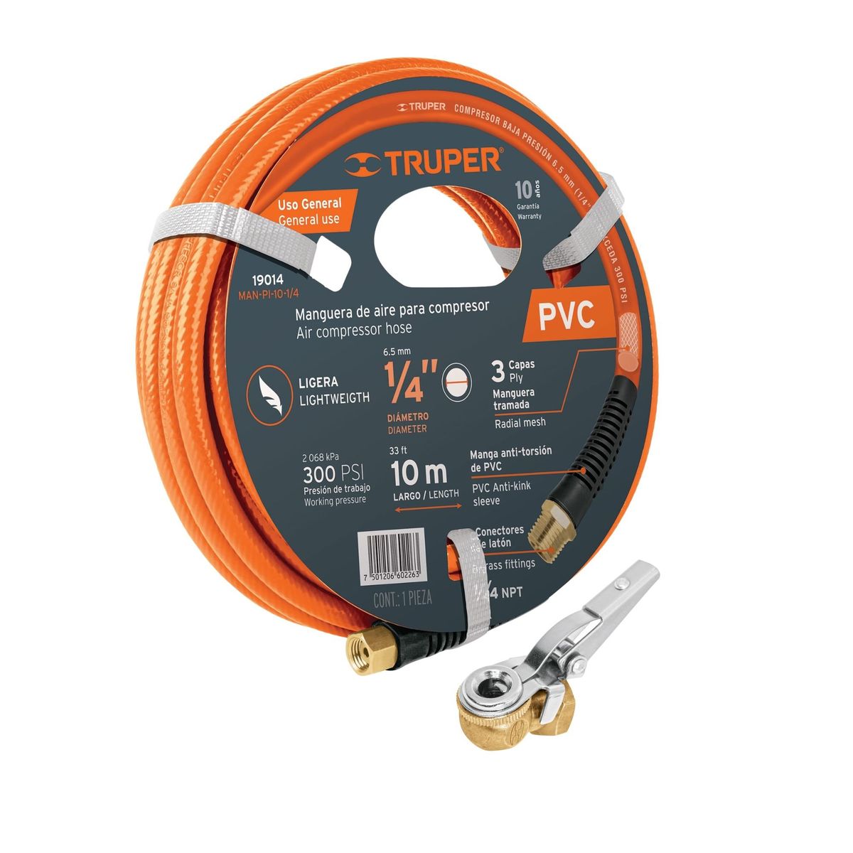 TRUPER - Manguera para 10m +  Cabeza infladora c/clip, hembra, cuerda 1/4