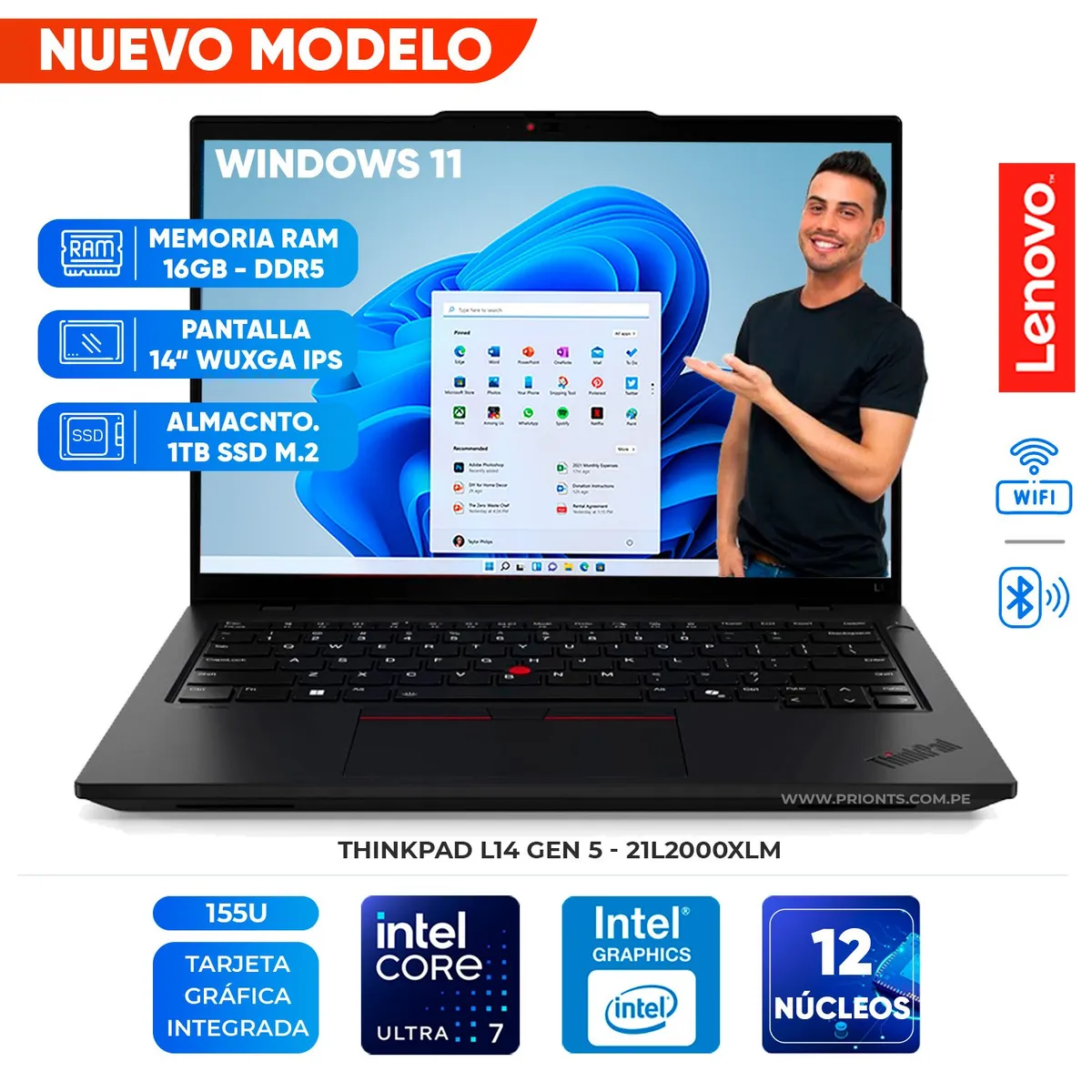 LENOVO - Laptop LENOVO Thinkpad L14 Gen 5, Core Ultra 7 155U, 16GB DDR5, 1TB SSD, 14" WUXGA IPS