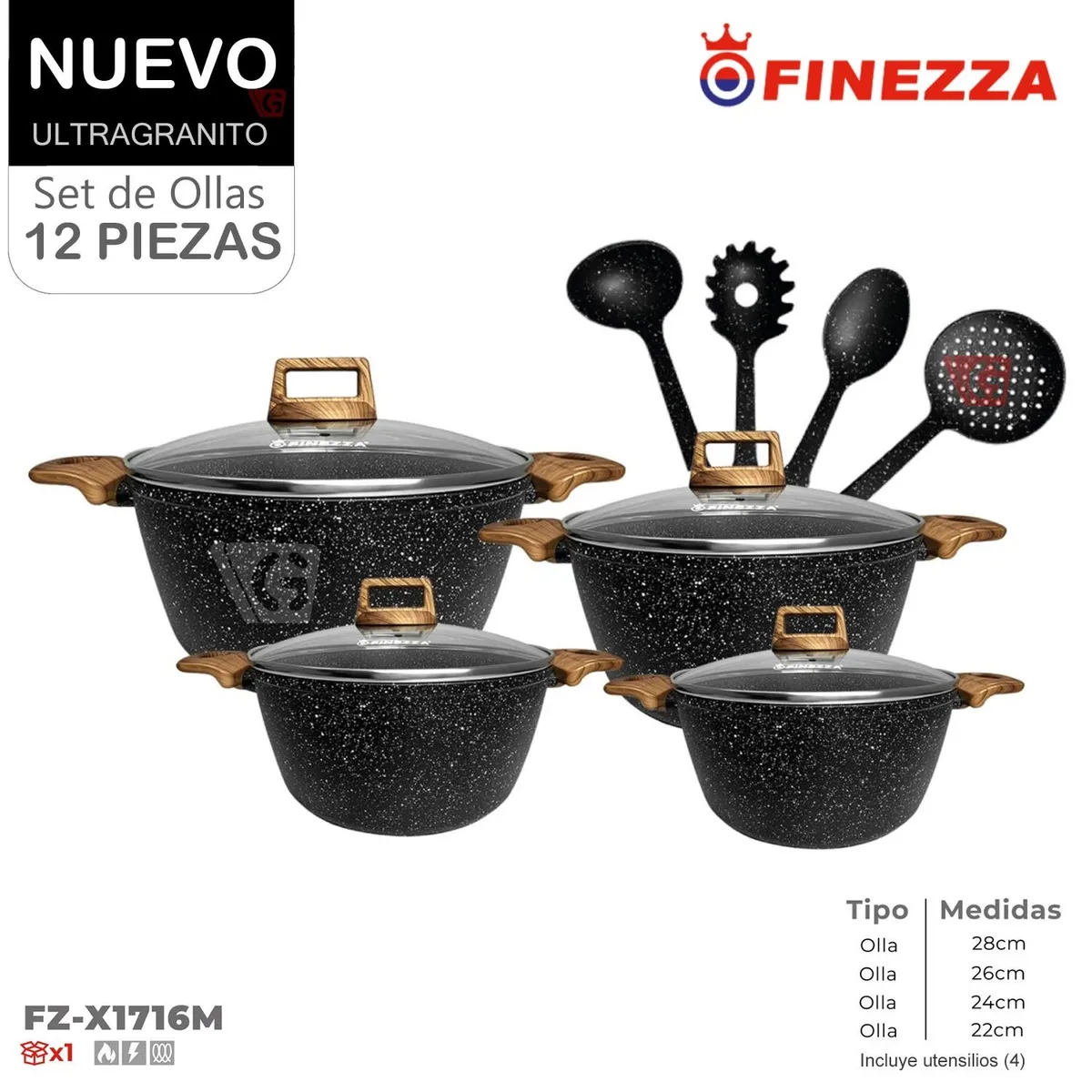 FINEZZA - Juego de Ollas de Finezza Ultragranito FZ-X1716M de 12 Pzs.