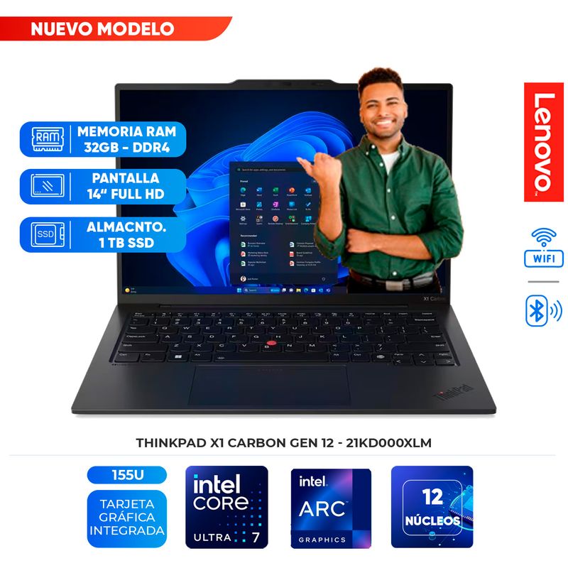 LENOVO - Laptop LENOVO Thinkpad X1 Carbon Gen 12, Core Ultra 7 155U, 32GB LPDDR5x, 1TB SSD, 14" WUXGA IPS