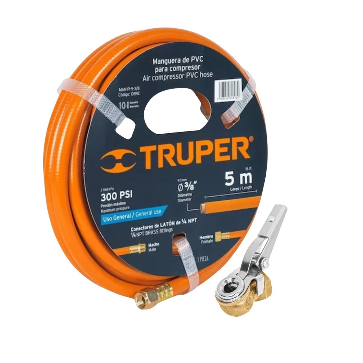 TRUPER - Manguera de aire 5m + Cabeza infladora llantas cclip hembra 14