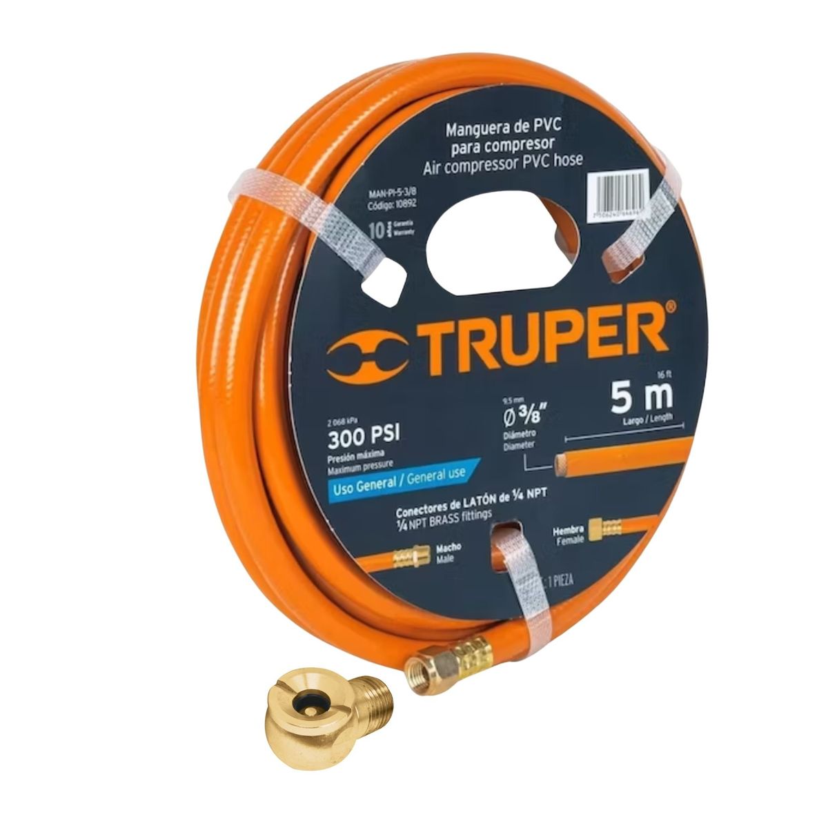 TRUPER - Manguera de aire 5m + Cabeza infladora de llantas macho cuerda 14