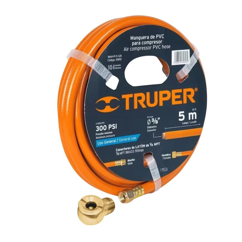 TRUPER - Manguera de aire 5m + Cabeza infladora de llantas macho cuerda 14