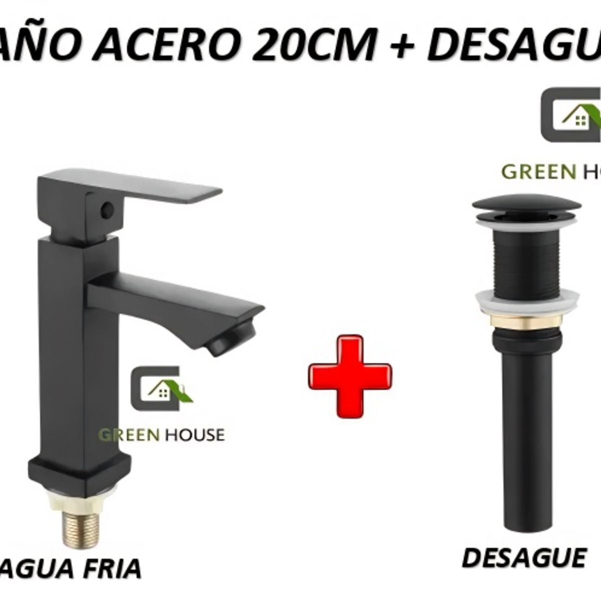 GREEN HOUSE - GRIFERIA  ACERO 20CM NEGRO  AGUA FRIA  + DESAGUE
