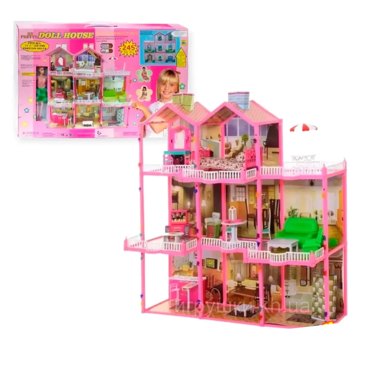 GENERICO - Casa de Muñecas Amoblada 3 Niveles 245 PCS + muñeca