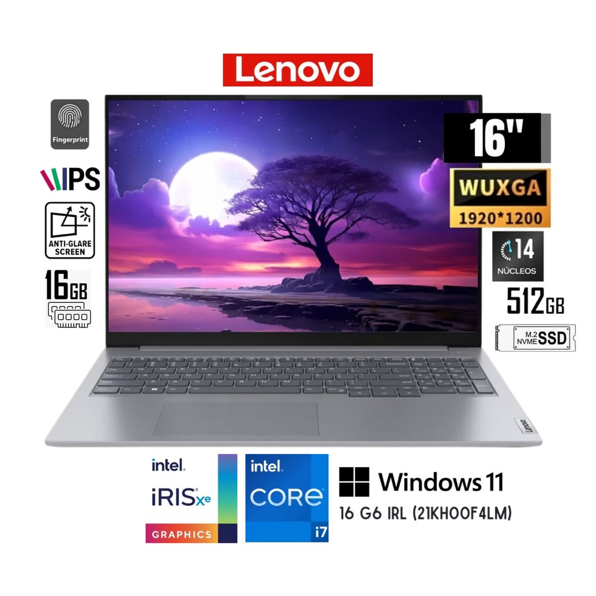 LENOVO - LAPTOP LENOVO THINKBOOK 16 INTEL CORE i7-13700H 16GB RAM 512 SSD 16" WUXGA G6 IRL (21KH00F4LM)