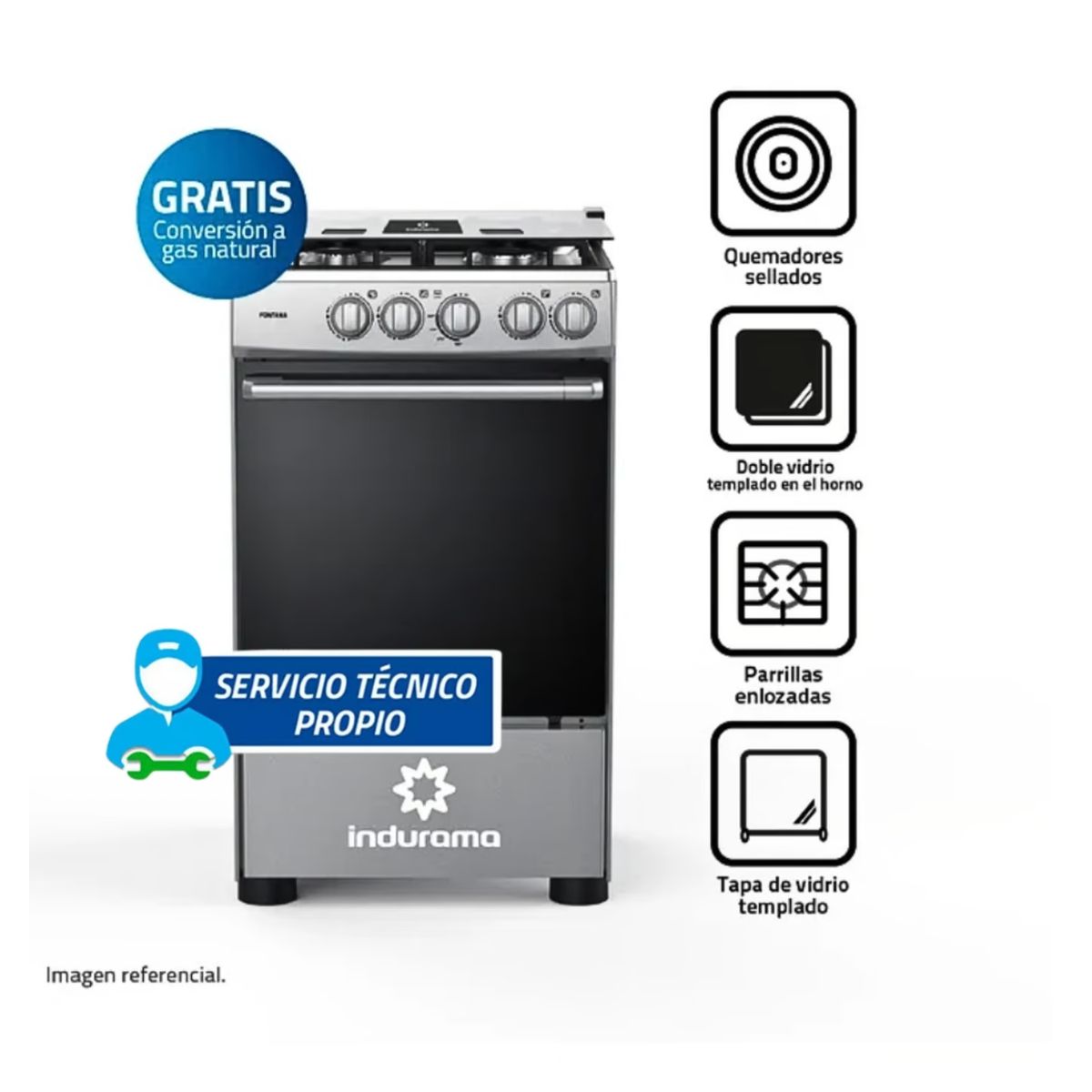INDURAMA - Cocina Indurama a Gas Fontana de 4 Hornillas - Gris