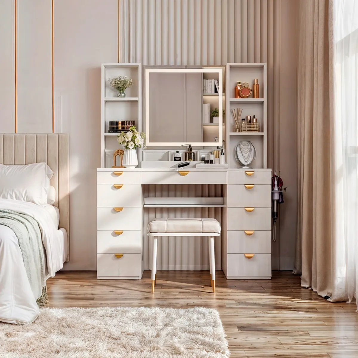 BH BARAKA HOME PREMIUM - Tocador Joyero Eliot con Espejo + puff